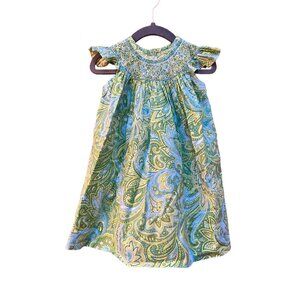 Vintage Handmade Girl's Paisley Print Sun Dress Flutter Sleeves Smocked Neckline